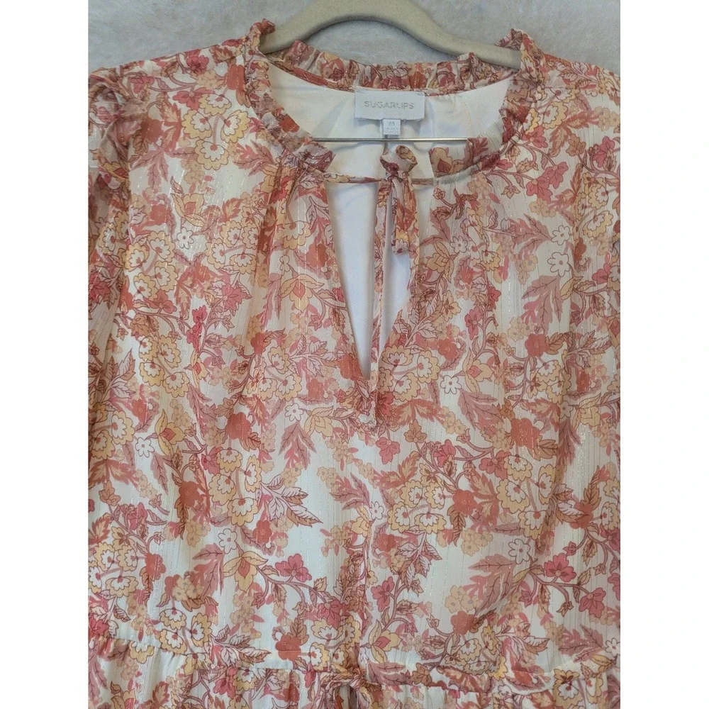 Sugarlips Floral Midi Dress Women's Size M Pink Lurex Shimmer Tiered Long Sleeve